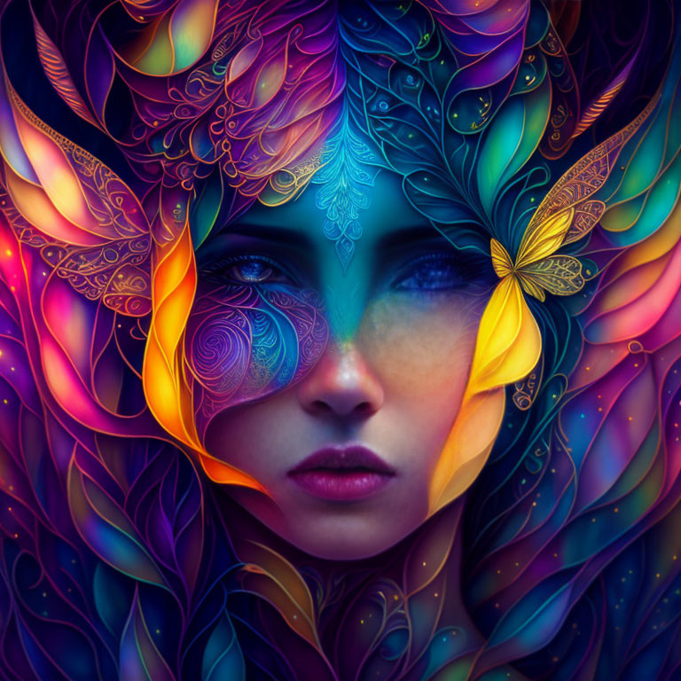 Colorful artwork of a woman's face with blue skin and mystical elements