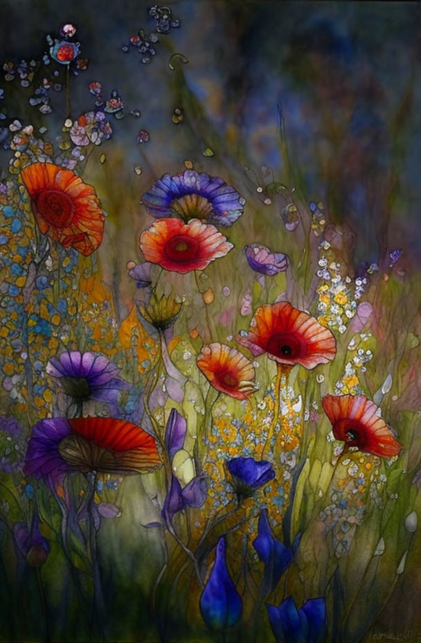 Colorful painting of red and purple poppies in a mystical garden.