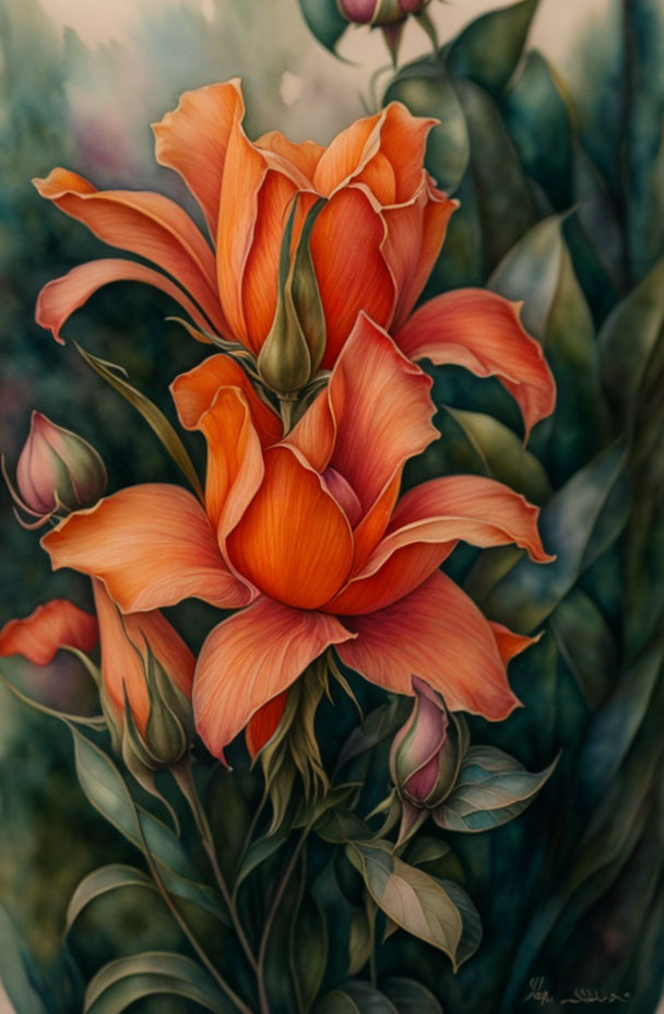 Detailed Illustration of Vibrant Orange Flowers and Buds with Lush Green Leaves