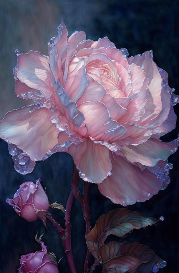 Detailed painting: Pink rose with dew drops on petals against dark background