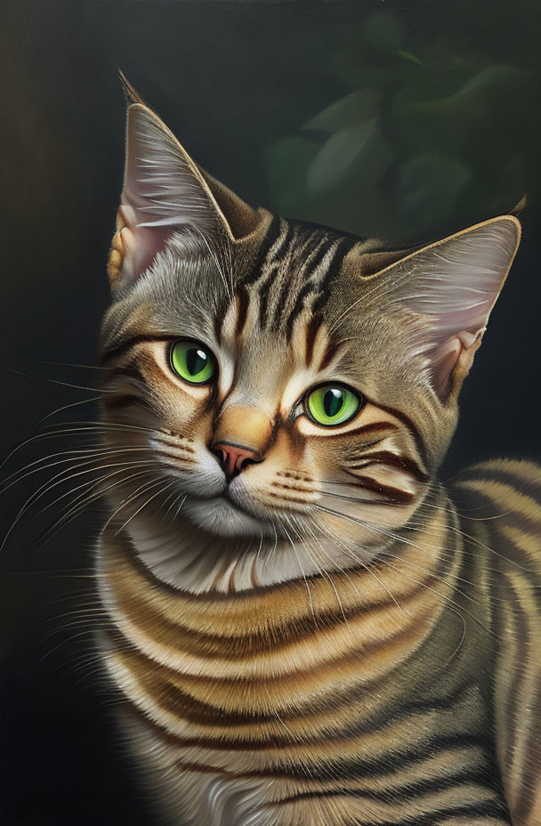 Detailed Painting of Striped Cat with Green Eyes on Dark Background