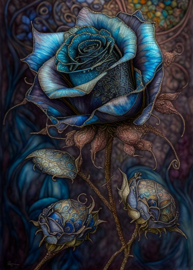 Detailed Blue Rose Painting with Intricate Petal Patterns