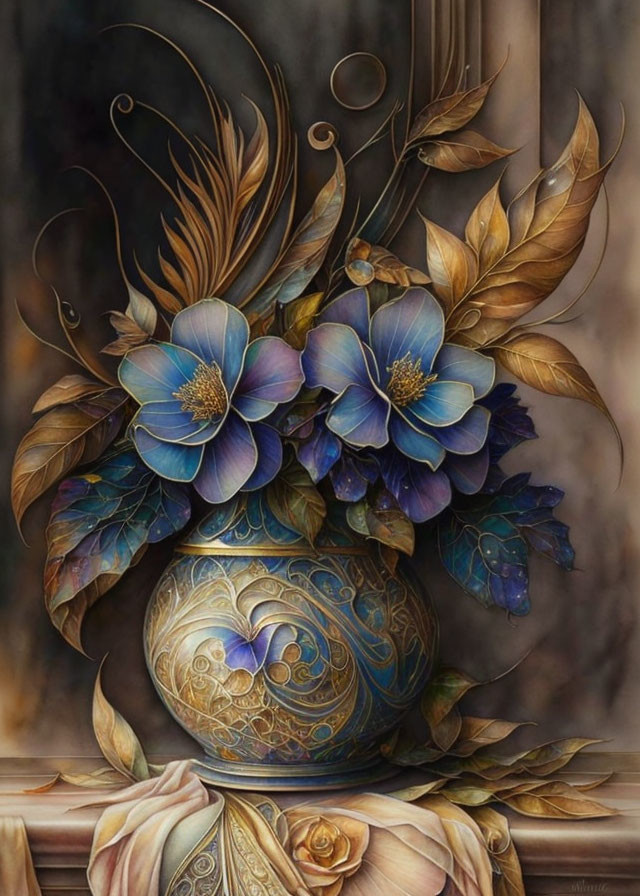 Ornate vase with blue and purple flowers on rustic wood background