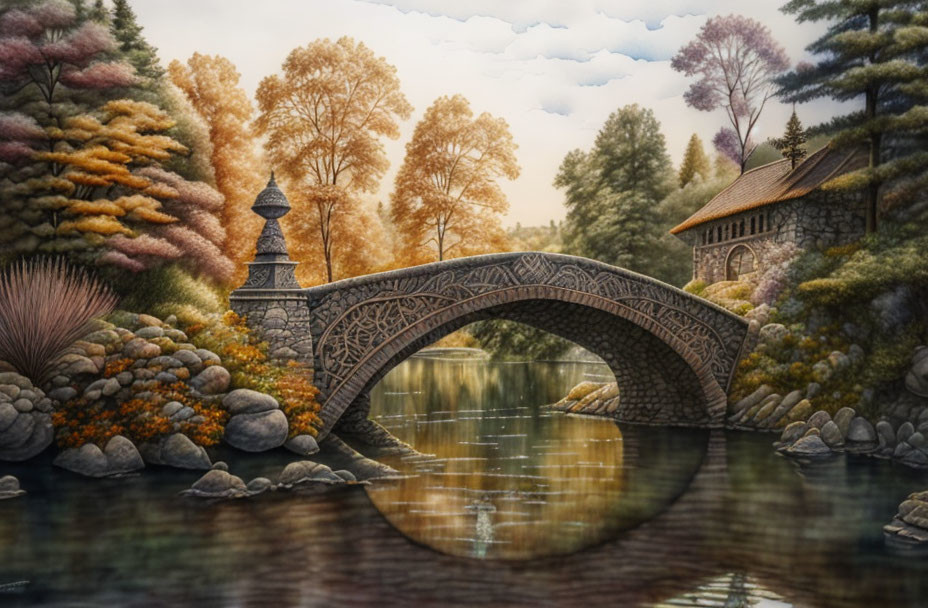 Stone bridge over tranquil pond amid autumn foliage and stone house