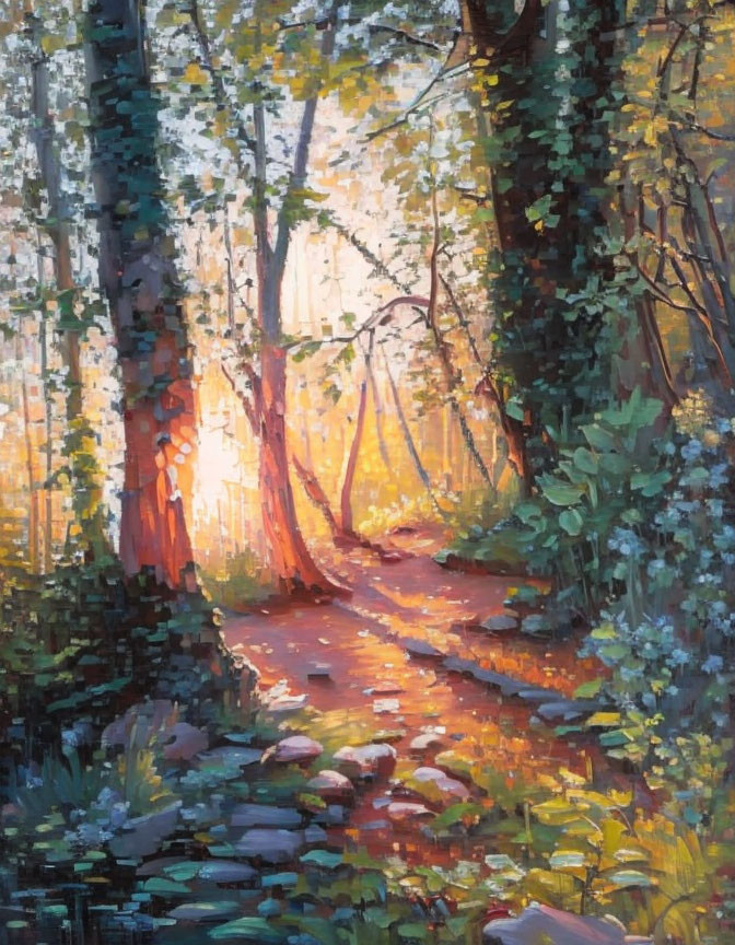 Tranquil forest path with sun-rays and lush greenery