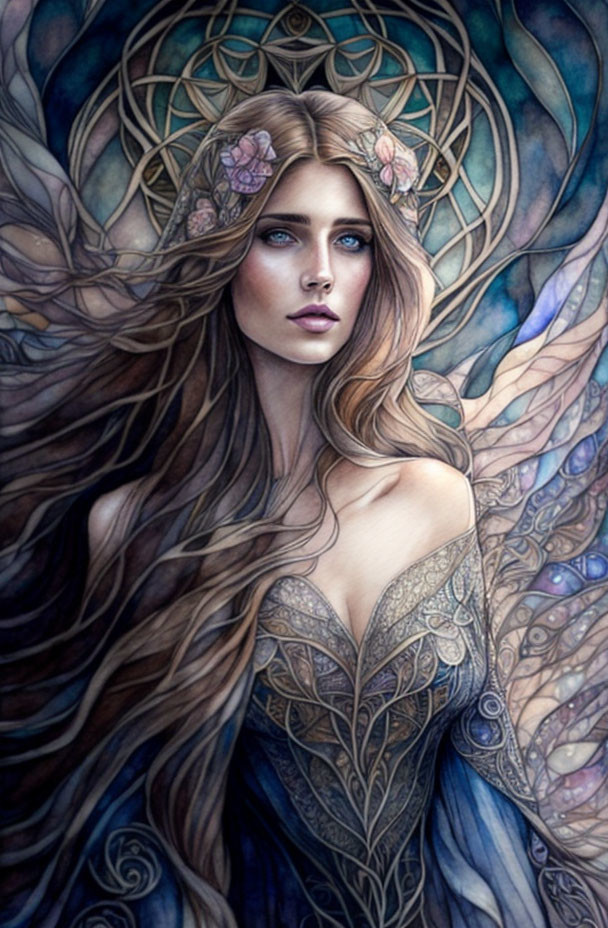 Ethereal woman with flowing hair, flower crown, tattoos, and mystical aura