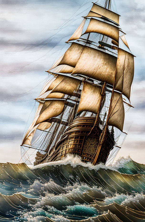 Majestic tall ship with creamy sails on tumultuous waves