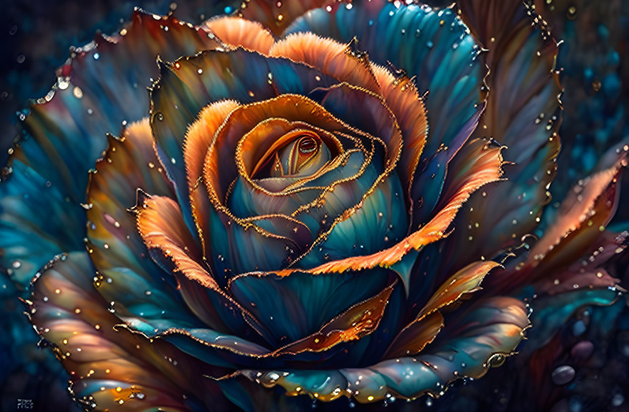 Vibrant blue and orange rose with water droplets - Digital enhancement