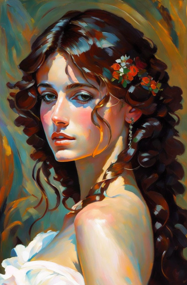 Woman portrait with curly brown hair and colorful flower adornments.