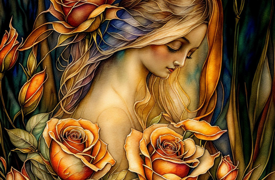 Vibrant orange roses in artistic illustration with woman and flowing hair