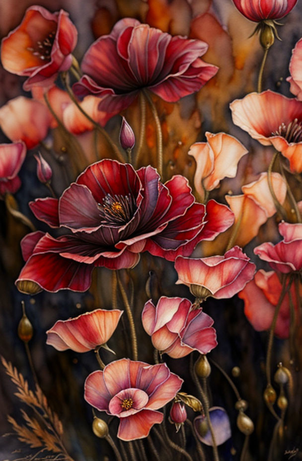 Vibrant red and pink poppy flowers on dark textured background