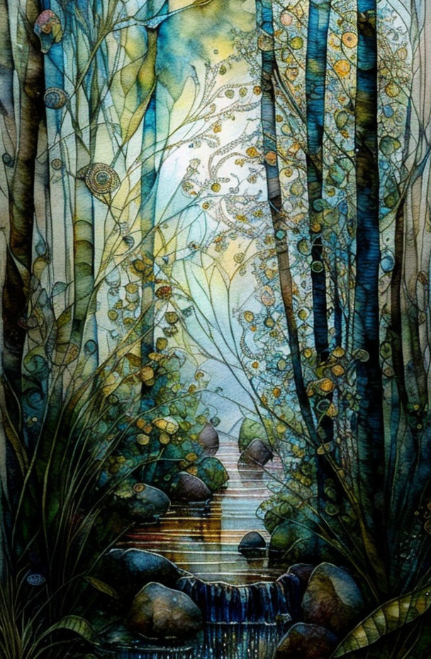 Whimsical watercolor painting of a forest with slender trees and a small waterfall