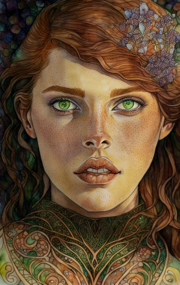 Portrait of a woman with green eyes, red curly hair, freckles, and floral accessory.