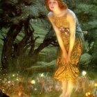 Mystical female figure with wings in golden dress among forest flowers