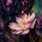 Cosmic flowers digital painting: purple and pink petals on dark starry backdrop
