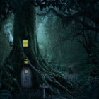 Night-time forest scene with illuminated tree windows and lush greenery