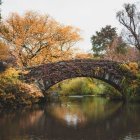 Stone bridge over tranquil pond amid autumn foliage and stone house