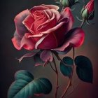 Digital artwork featuring deep red rose with dewdrops, rosebuds, and dark green leaves on dark