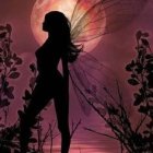 Silhouetted fairy with intricate wings in floral dress against moonlit sky.