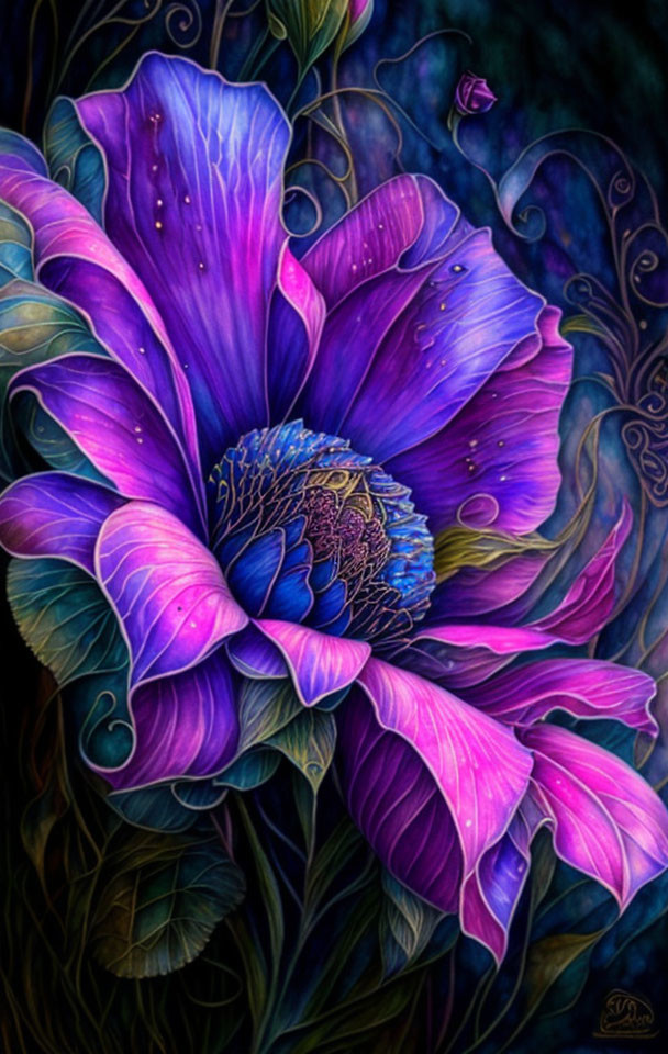 Colorful painting of large purple flower on dark background