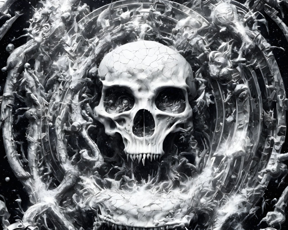 Detailed black and white skull artwork with intricate swirling designs