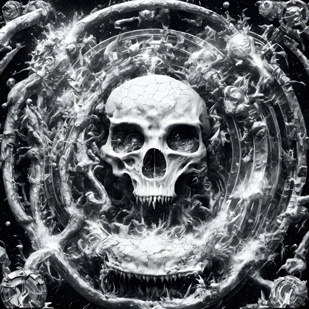 Detailed black and white skull artwork with intricate swirling designs