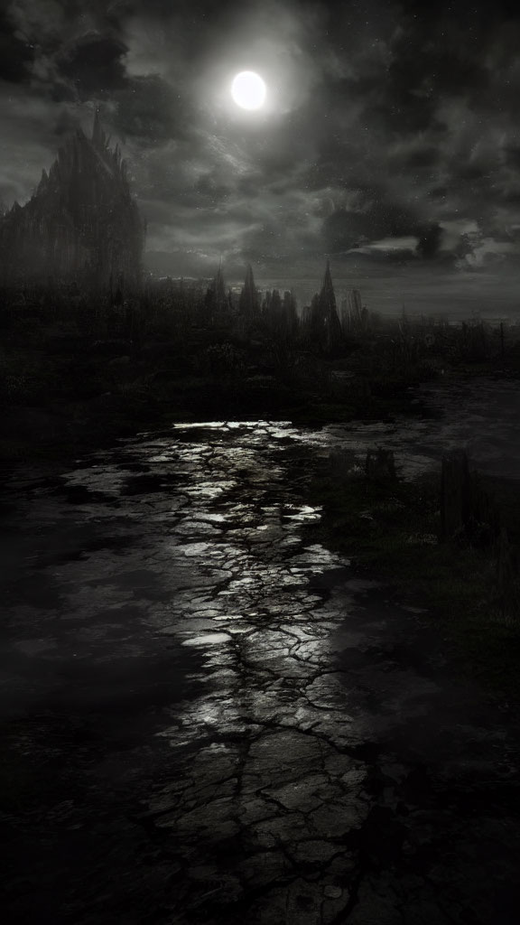 Moonlit landscape with reflective river and spire-like formations