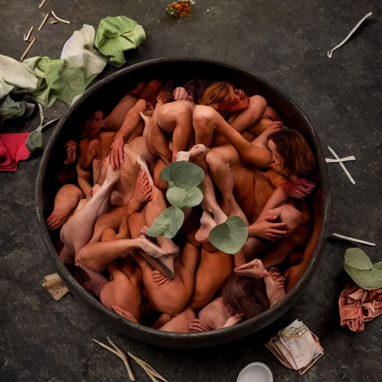 Interwoven human figures in circular container with scattered objects