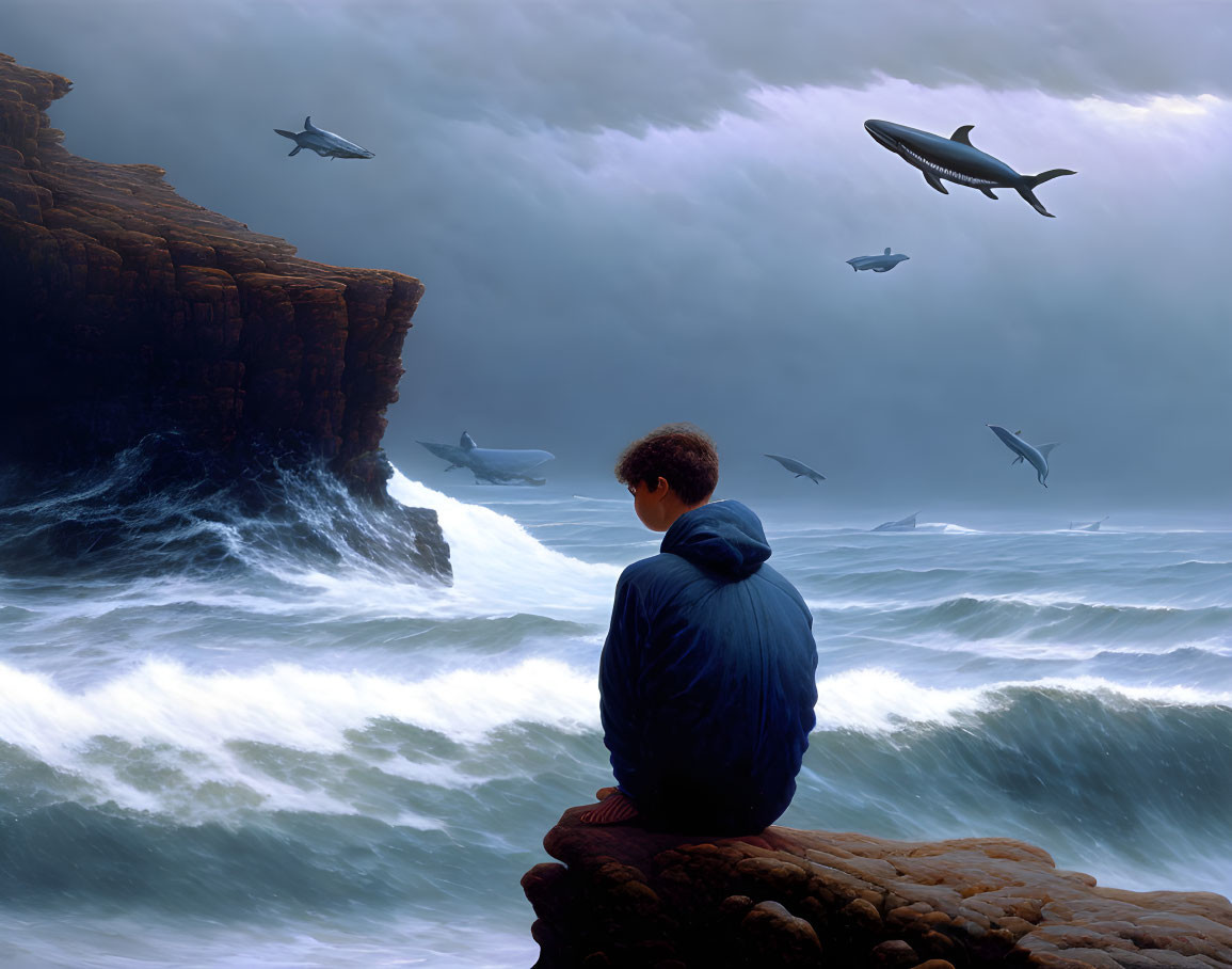 Person sitting on rocky outcrop by the sea, watching sharks in stormy sky