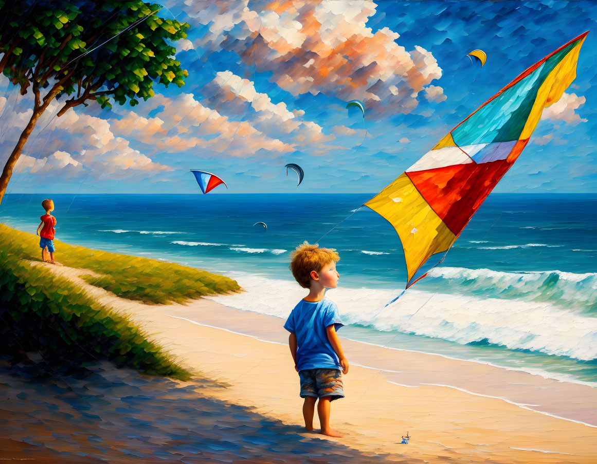 Child flying colorful kite on sunny beach with kitesurfers and lush tree.