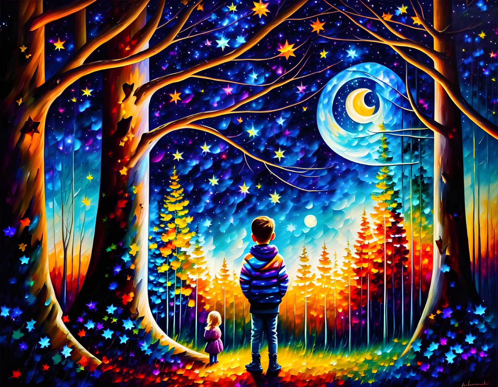 Colorful painting of boy and smaller figure under whimsical night sky filled with stars and crescent moon