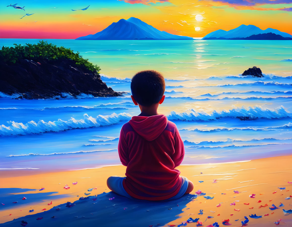 Child on Beach at Sunset Watching Sea and Colorful Sky