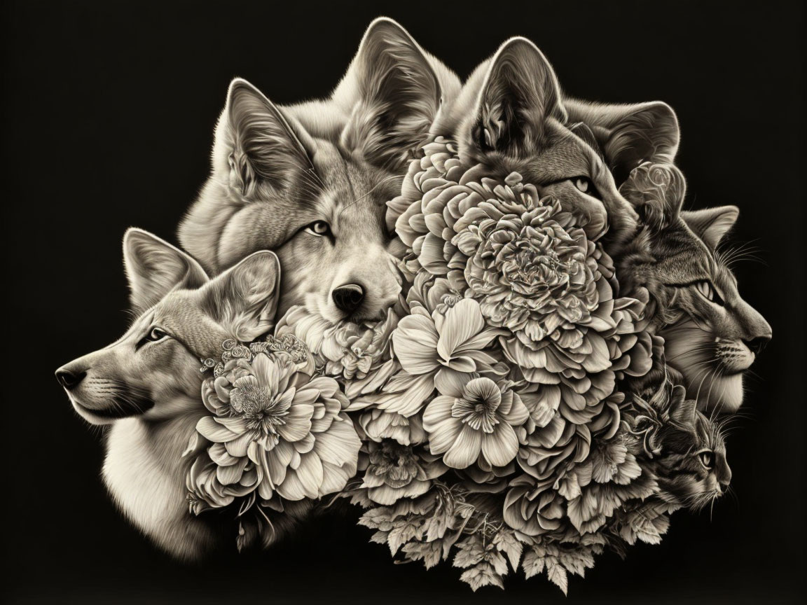 Monochrome artistic illustration of intertwined wolf heads and flowers