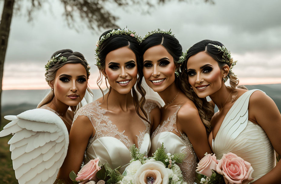 Four women in elegant dresses with floral crowns, one wearing angel wings, against serene landscape