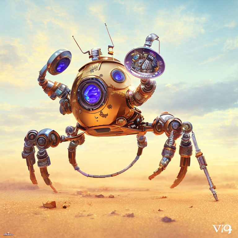 Golden robotic spider creature traversing sandy landscape under hazy sky