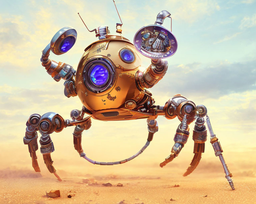 Golden robotic spider creature traversing sandy landscape under hazy sky