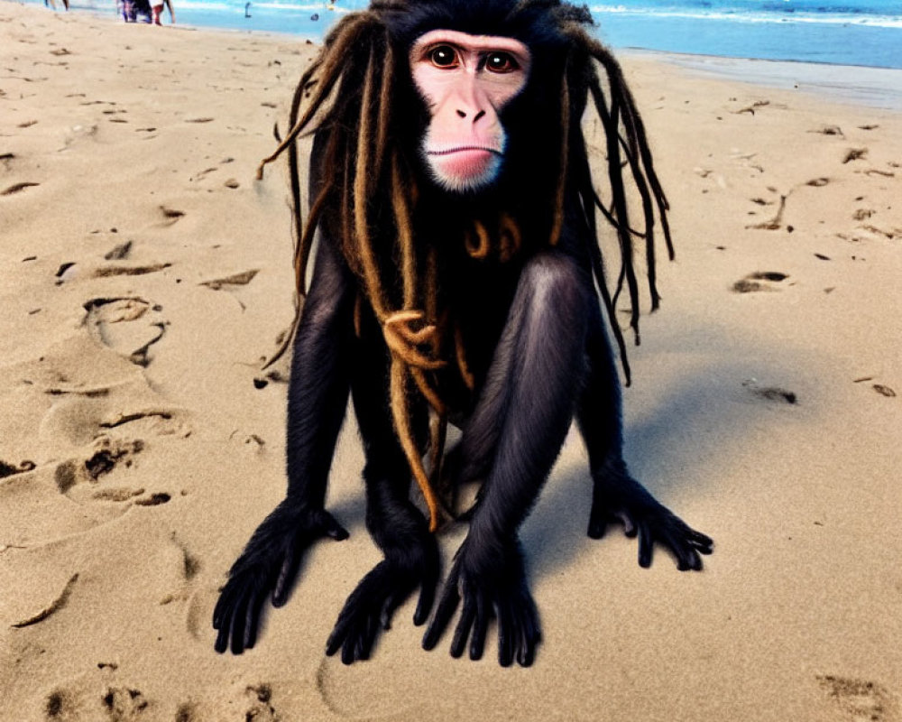 Digitally altered image: Monkey with human-like features on beach