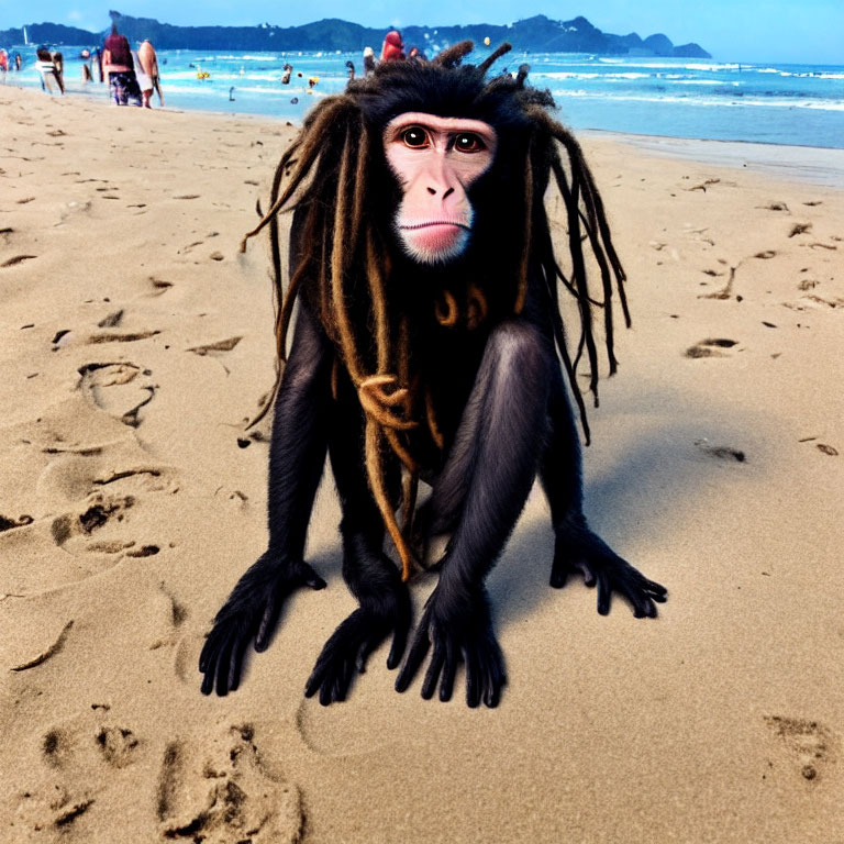 Digitally altered image: Monkey with human-like features on beach