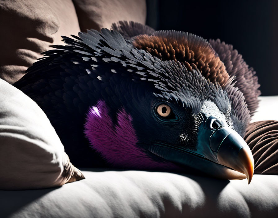 Vibrantly colored bird with purple highlights and large beak resting indoors