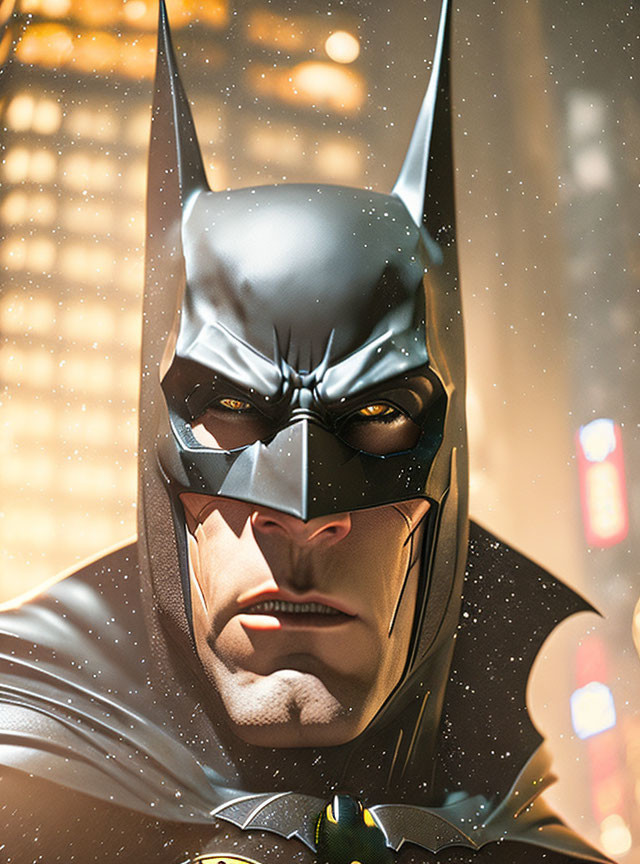 Detailed Batman costume close-up with pointed ears and stern expression.