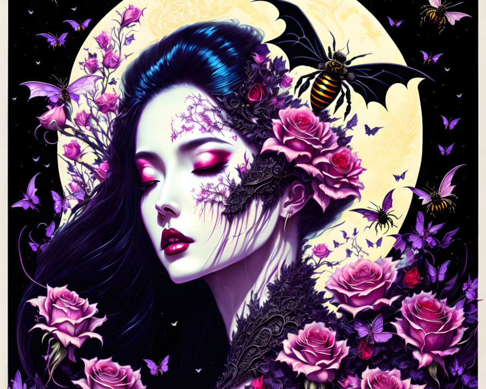 Woman adorned with purple flowers and lace, surrounded by bees under moonlit sky