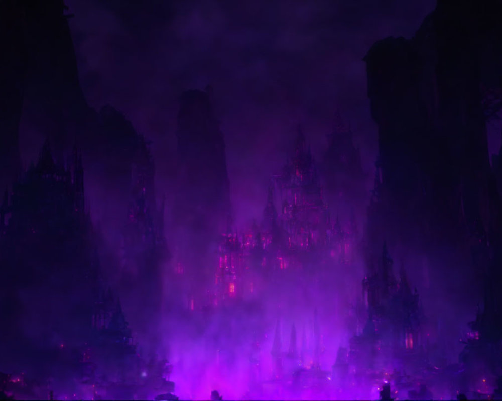 Mystic Night Landscape: Towering Cliffs in Purple Glow