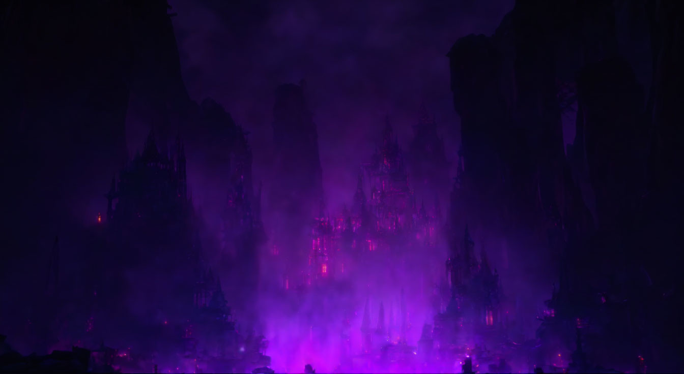 Mystic Night Landscape: Towering Cliffs in Purple Glow