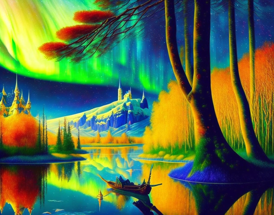 Fantasy landscape with aurora borealis, castle, colorful trees, and figure in boat