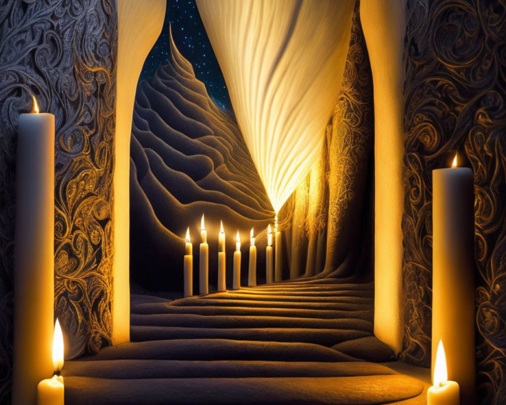 Surreal scene: lit candles, draped curtain, starry sky, textured landscape