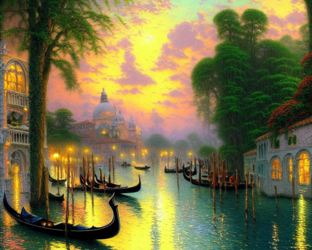 Venetian Canal at Sunset with Gondolas and Ornate Buildings