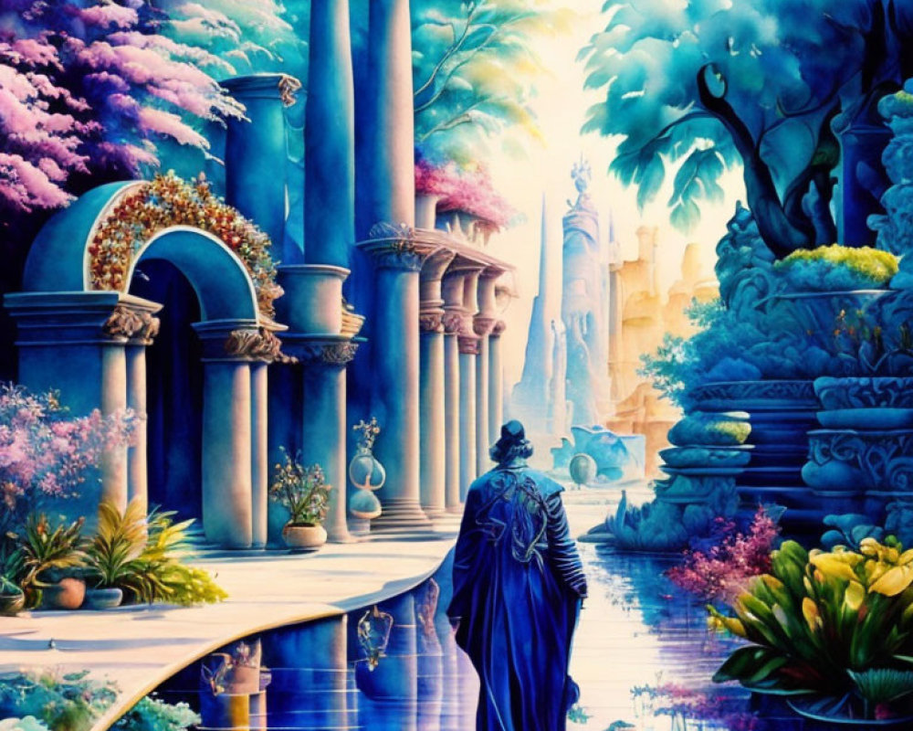 Person in Blue Cloak in Ancient Garden with Columns and Waterway