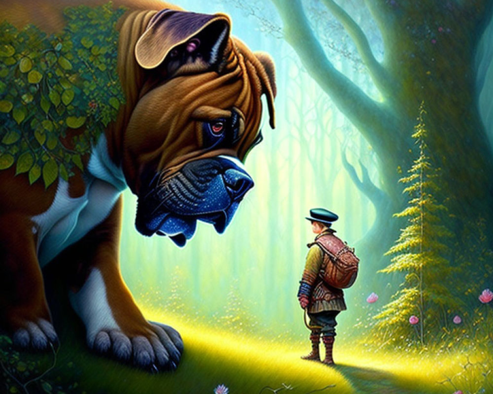 Gigantic brown bulldog and tiny explorer in surreal forest scene