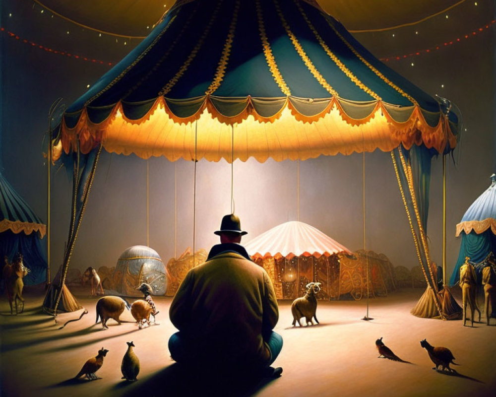 Person Watching Miniature Circus with Performing Animals in Dramatic Lighting