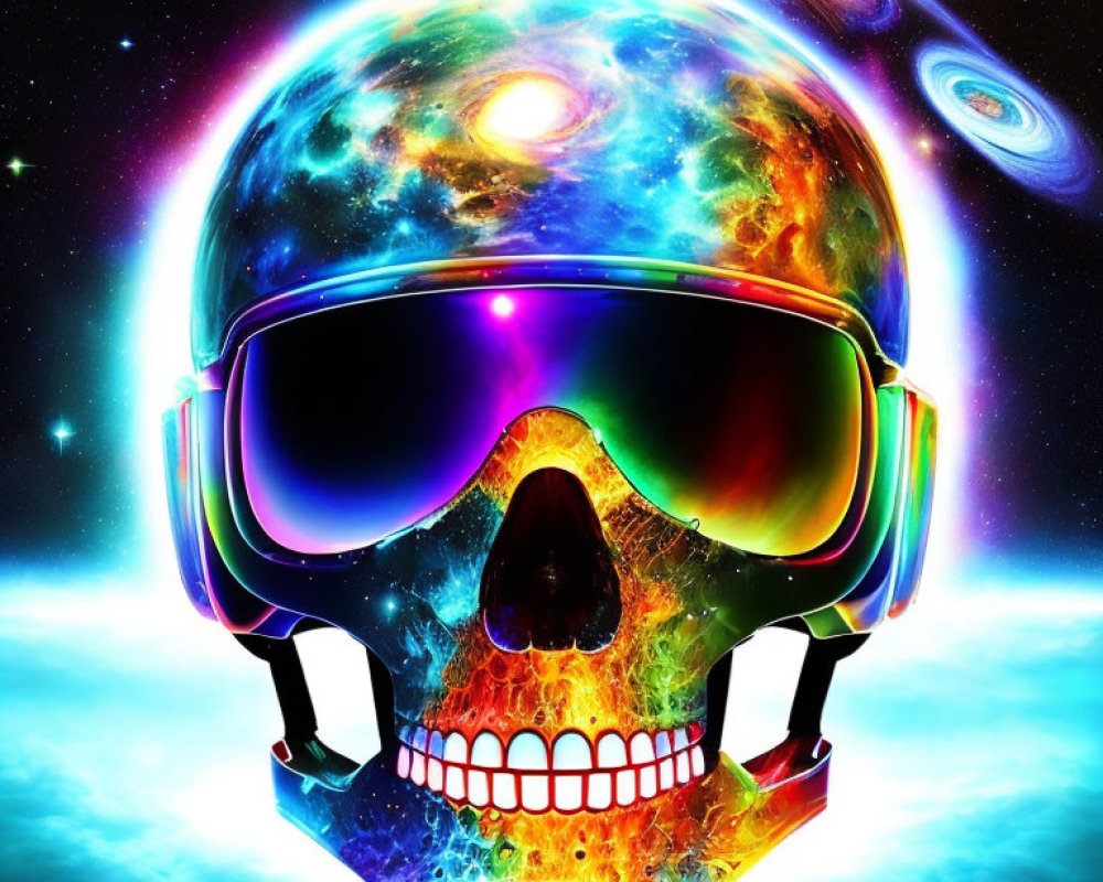 Skull with Sunglasses Reflecting Cosmic Scenes on Starry Space Background